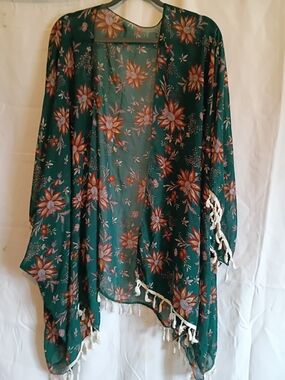 SHEIN Green Floral Sheer Kimono with Cream Fringe Size 1xl